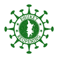 Phuket reopening stamp. Green round badge of island with map of Phuket. Island opening after lockdown. Vector illustration.