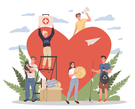 Volunteers illustration. Young people packing donation box with money, collecting garbage, taking care about animals near heart. Support community for social aid, charity, help concept