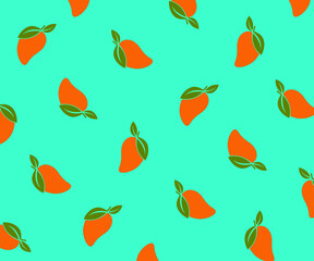 Mango fruits Vector Repeat seamless shape pattern on blue tropical color backgorund. Great for fabric, packaging, wallpaper, invitations. Summer colorful tropical textile print.