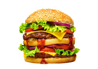 Double American beef burger with cheese, onion, tomato, salad and ketchup. Hamburger close-up...