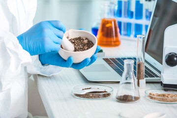 Scientist studying samples of soil in laboratory