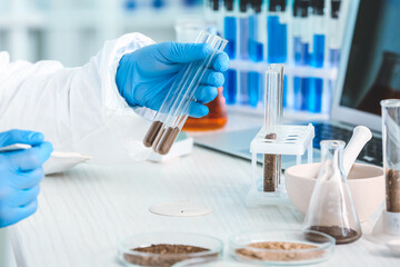 Scientist studying samples of soil in laboratory