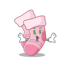 wealthy cartoon character concept of baby socks with money eyes