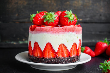 cheesecake strawberrie, sweet mascarpone dessert cake with berries Menu concept healthy eating  food background top view copy space for text