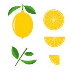 Vector lemon set on a white background. Whole, half and quarter lemon with green leaves. Constructor to build your design.