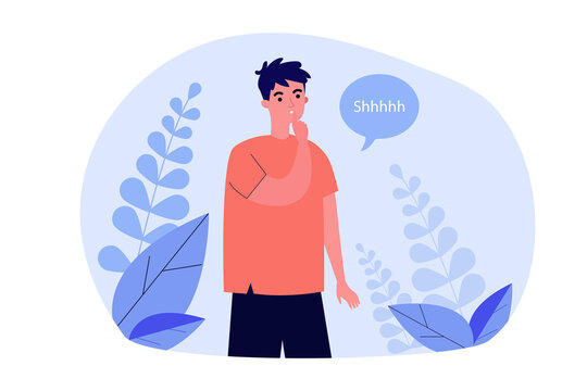 Young Man Showing Shh Or Stop Talking Gesture, Keeping Secret And Conspiracy. Flat Vector Illustration For Silence, Keeping Quiet, Secrecy Concept