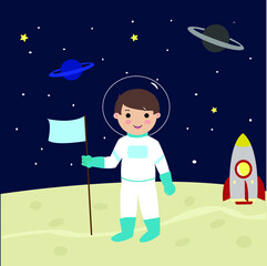 Kid Astronaut Landing On Moon Cartoon Vector
