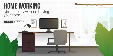 Home Working banner with workspace. Home office. Freelance concept template.