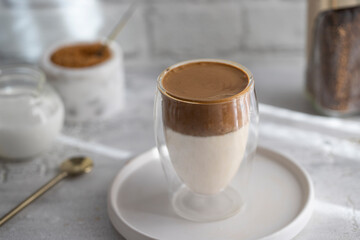 Trendy Dalgona coffee and ingredients for do this fluffy creamy whipped coffee,popular during the quarantine