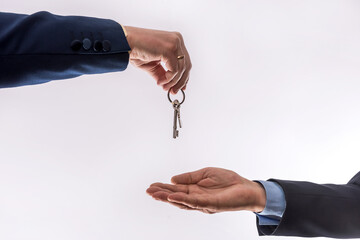 Transfer of house between two business people renting or selling an apartment isolated on white background