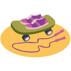 set of sneakers and skateboard, isolated object on a white background, vector illustration,