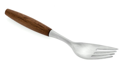 Empty steel fork with wooden handle isolated on white background