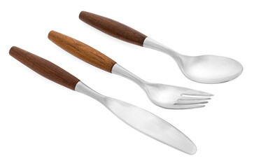 Stainless steel cookware, knife, fork and spoon with wooden handle