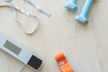 Diet and Healthy life loss weight Concept. Tape measure, scale and sports team.