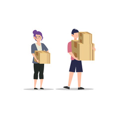 Cartoon character illustration of young couple standing carry the box. Flat design isolated on white background.