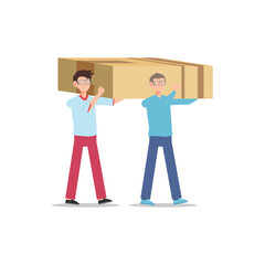 Cartoon character illustration of two young man walking carry the big box. Flat design isolated on white background.