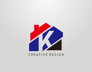 K Letter Logo. house strip shape with negative letter K, Real Estate Architecture Construction Icon Design.