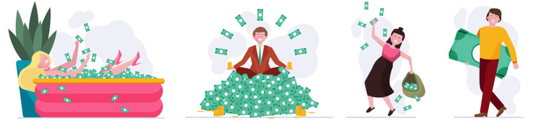 People winning cash prize set. Heap of money, bath with dollars, sack of banknotes flat illustration. Wealth, income, profit concept for banner, website design or landing web
