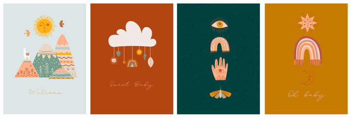 Set of Baby Shower cards with cute boho elements for kids, decorative doodle and animals. Editable Vector illustration.