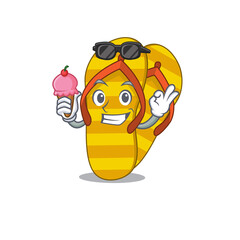 A cartoon drawing of flip flops holding cone ice cream