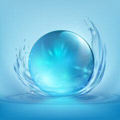 Blue crystal or glass ball on a background of splashing water