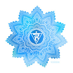 Vishudda Fifth chakra coloring vector illustration. Ethnic, Indian style.