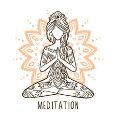 Yoga Girl with a mandala. Stay home and do yoga concept. Vector illustration