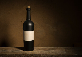 the still life with red wine, bottle, glass and old barrel