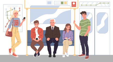Men and women standing in subway illustration. City dwellers using public transport. People commuting in metro, passengers in underground train car