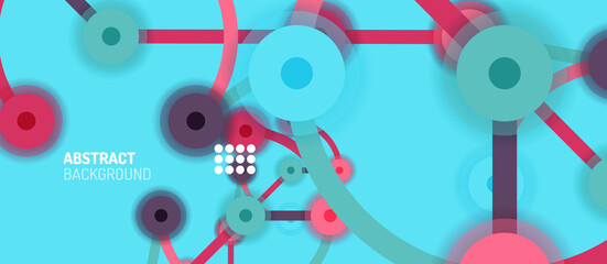 Flat style geometric abstract background, round dots or circle connections on color background. Technology network concept.
