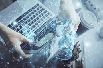 Multi exposure of woman hands working on computer and human brain hologram drawing. Ai tech concept.