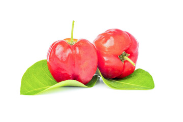 Two Acerola Cherries with leaves isolated on white background.