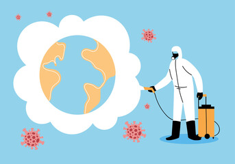 men wearing a protective suit disinfects vehicles by coronavirus or covid 19