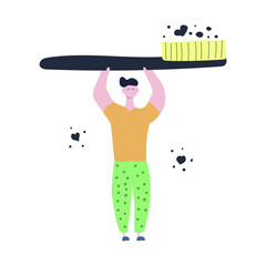 Man in pajamas holds a large toothbrush. Time to brush your teeth. Hand drawn concept. Flat vector illustration.