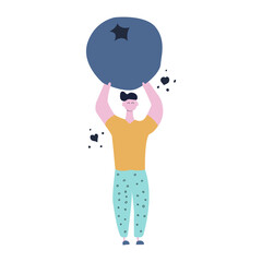 Man holding big blueberry. Harvest, summer time, gardening, vegetarian concept. Flat vector illustration isolated on white background.