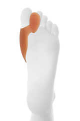 Detailed shot of a beige silicone corrector for straightening bent fingers and reducing the pain of finger joints. The orthopedic toe separator is fixed on a white leg dummy.  