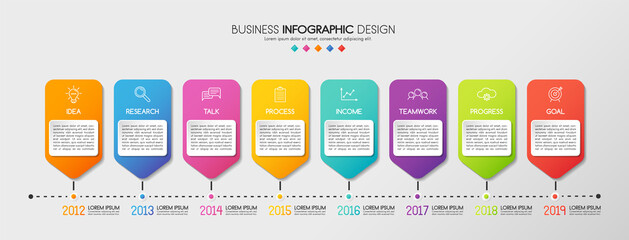 Fototapeta na wymiar Infographic layout with 8 options. Timeline with business icons. Vector