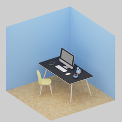 [3d isometricイラスト]パソコンでテレワークする人の部屋-斜俯瞰