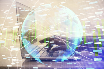 Double exposure of woman hands typing on computer and business theme hologram drawing. Success concept.