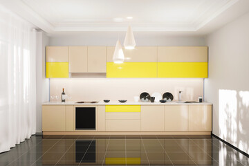 Modern interior of a colorful kitchen. 3d render.