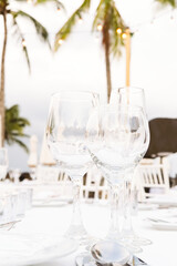 Festive serving with glasses for an outdoor celebration with garland lamps and palms at the background. Wedding, anniversary, birthday dinner and party. Toned image with place for text