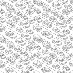 Car traffic jam sketch. Freehand drawing. Line vector illustration of traffic congestion on highway. Seamless pattern background.