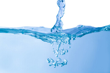 Surface pouring  Water drops, splashing waves 3D, transparent blue with bubbles In beautiful nature On a white background