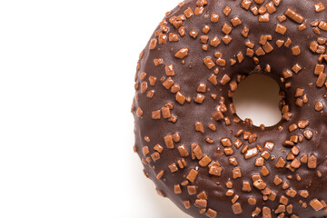 Chocolate donut on a white background close-up.