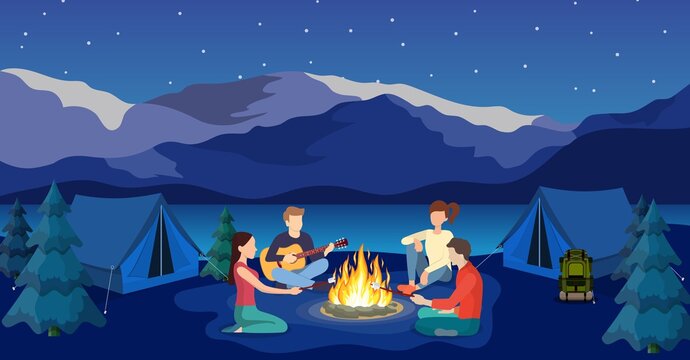 Group of young people are sitting around campfire. Young tourists, campers cartoon characters. Man playing guitar. Vector illustration in flat style