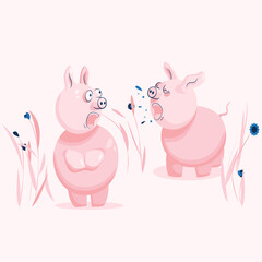 A sneezing pig scares a pig not wearing mask. Keep social distancing, put a mask on.