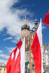 Flags of Poland, Krakow, Main Market, Virgin Mary Church