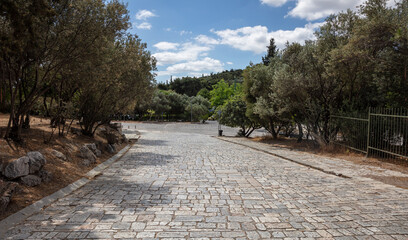 Athens, Greece. Cobblestone pathway to Acropolis and greek flora, in a sunny spring day.