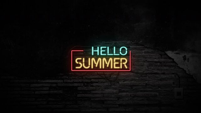 Hello summer sign neon light on stone brick wall background. Business service and holiday travel concept.