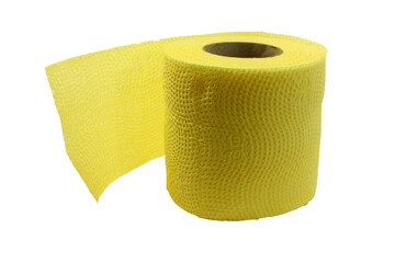 Simple toilet paper is yellow on a white background. Hygiene. Isolate. The roll of toilet paper is new. WS. Side view